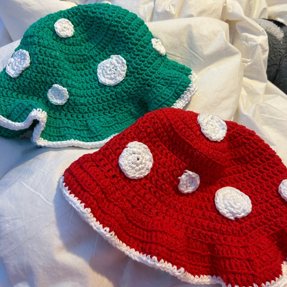 crochet shroomie, fruit or cow hats